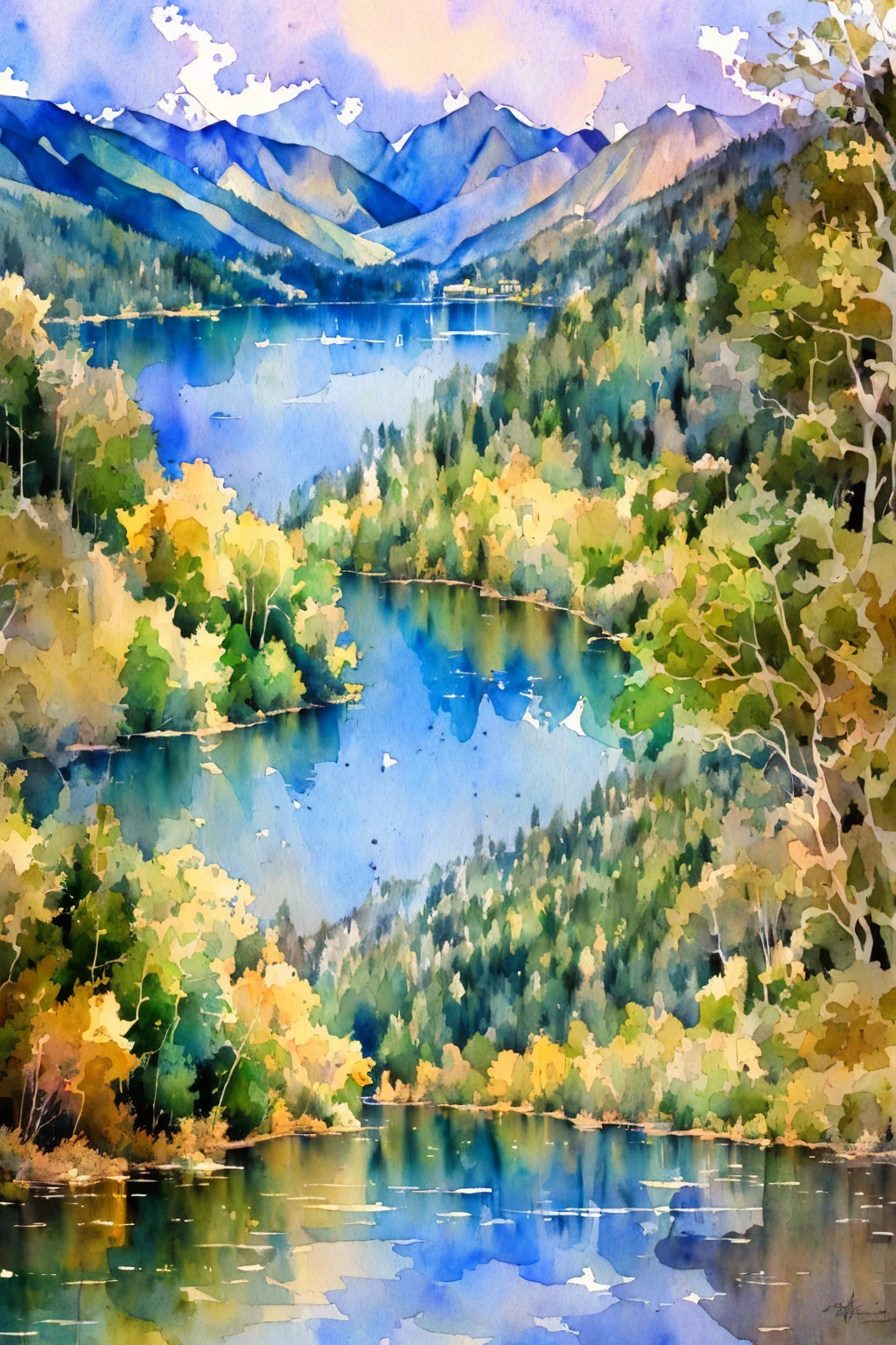 a serene watercolor landscape painting, beautiful detailed scenery with lush greenery, rolling hills, winding river, reflection in the water, vibrant colors, (best quality,4k,8k,highres,masterpiece:1.2),ultra-detailed,(realistic,photorealistic,photo-realistic:1.37),professional, cinematic composition, warm lighting, subtle textures, atmospheric, tranquil, idyllic