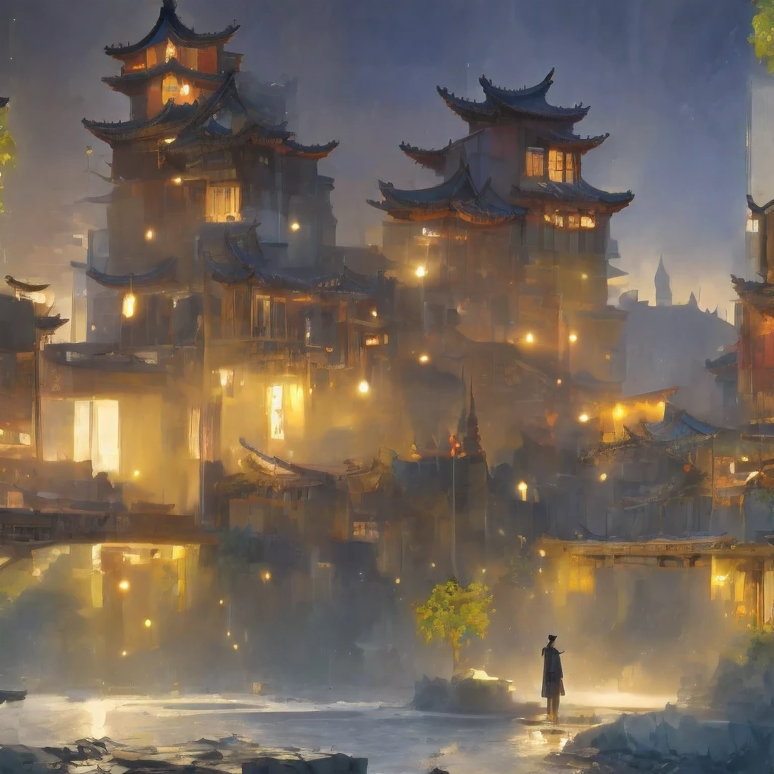 （（（watercolor））））landscape，buildings in a city with a pagoda in the middle of the city, cyberpunk chinese ancient castle, watercolor，stylized urban fantasy artwork, dreamy chinese town, concept art ， highly rendered, game art matte painting, matte painting 4k 8k, cinematic. by leng jun, in a tropical and dystopic city, 8k matte painting, 8 k matte painting，（（（watercolor）））