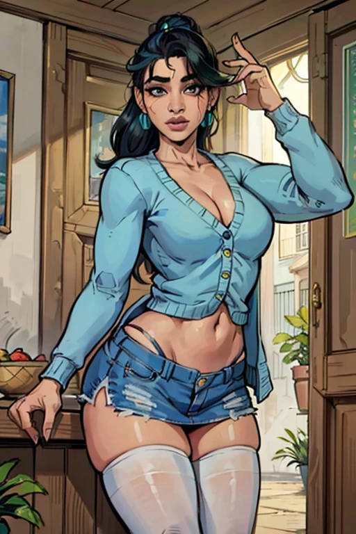 (Obra de arte, melhor qualidade, high resolution), ele cultivou quatro (oshi no ko), cyan cardigan, Sweater, escuro_verde_camisa,mini-saia, standing, abra roupas abertas, Sozinho,