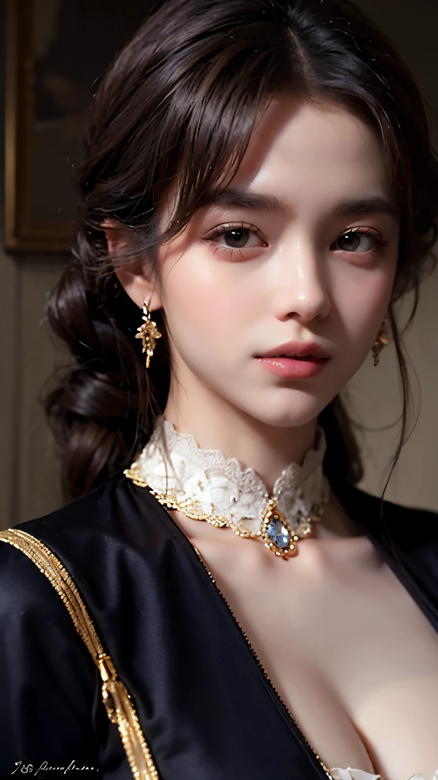 Closeup portrait of a beautiful Russian woman, inspired by the works of John Singer Sargent and Jan van Eyck, realistic oil painting style, intricate details in her traditional dress and jewelry, soft lighting highlighting her features, long shot capturing the full beauty of the subject