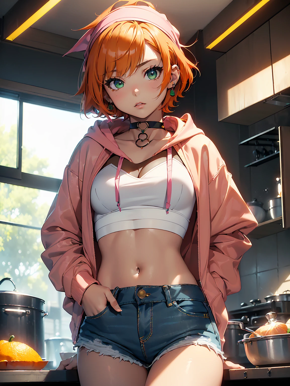 (masterpiece)(8k)(cute)(18-year old girl)(1girl:1.3)(solo:1.5)(wild hair:1.3)(short hair:1.3)(orange hair)(flat chest)(small breasts)(white cooking bandana:1.2)(green pupils)(glossy skin)(glossy lips)(glossy eye-shadow:1.1)(shiny)(playful)(choker necklace)(pink hoodie:1.2)(bra straps)(denim shorts)(balcony)