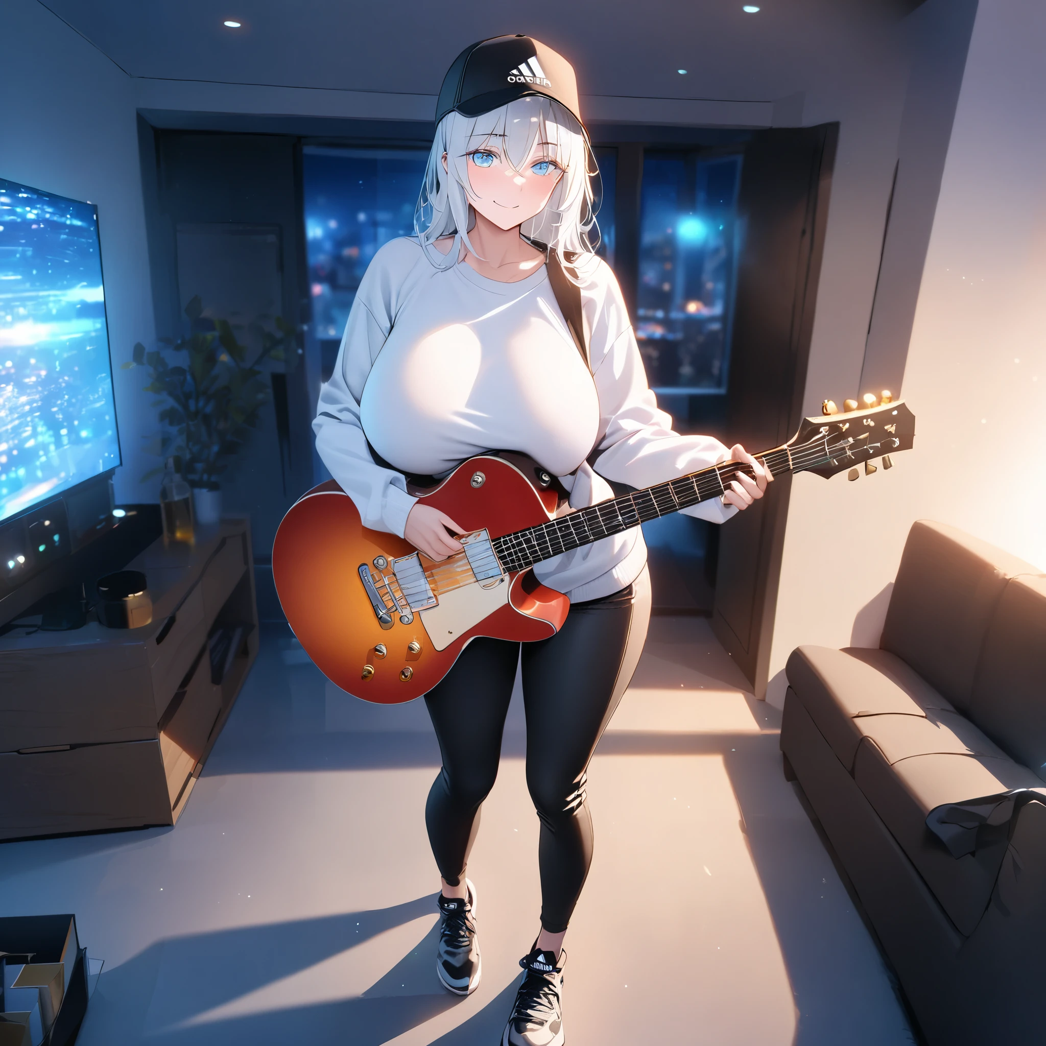 A woman wearing a white sweatshirt, black adidas pants, sports boots, ice white hair, ice blue eyes, smiling, holding an electric guitar, wearing a black cap, in a room of a modern house, standing.big breast, illuminated place.,bokeh effect, atmospheric perspective, 8k , super detail, accurate, best quality, award winning, textured skin, high resolution, anatomically correct(solo woman)
