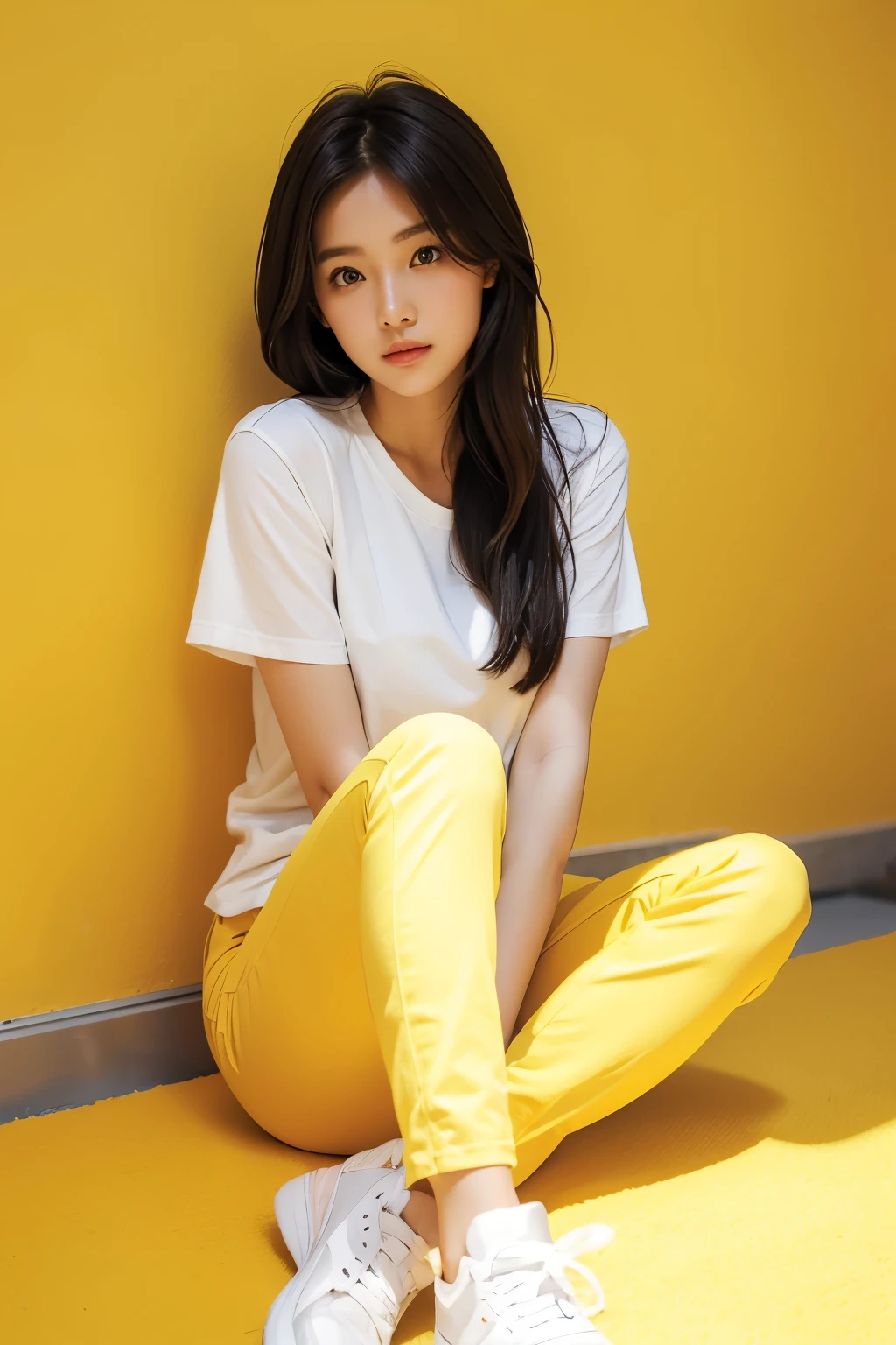 Beautiful woman sitting on yellow floor wearing white shirt and pink pants, white wall, magazine pose,