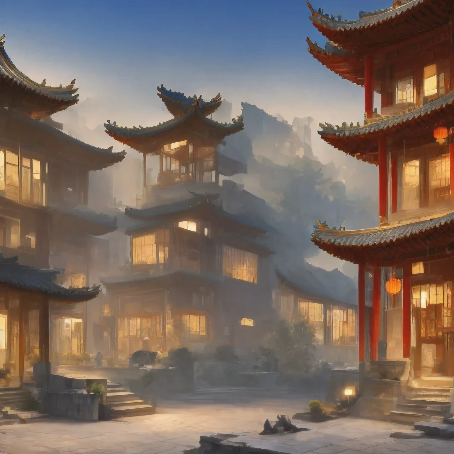 （（（watercolor））））landscape，buildings in a city with a pagoda in the middle of the city, cyberpunk chinese ancient castle, watercolor，stylized urban fantasy artwork, dreamy chinese town, concept art ， highly rendered, game art matte painting, matte painting 4k 8k, cinematic. by leng jun, in a tropical and dystopic city, 8k matte painting, 8 k matte painting，（（（watercolor）））