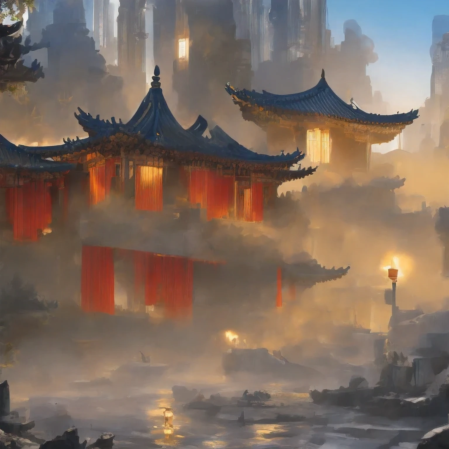 （（（watercolor））））landscape，buildings in a city with a pagoda in the middle of the city, cyberpunk chinese ancient castle, watercolor，stylized urban fantasy artwork, dreamy chinese town, concept art ， highly rendered, game art matte painting, matte painting 4k 8k, cinematic. by leng jun, in a tropical and dystopic city, 8k matte painting, 8 k matte painting，（（（watercolor）））