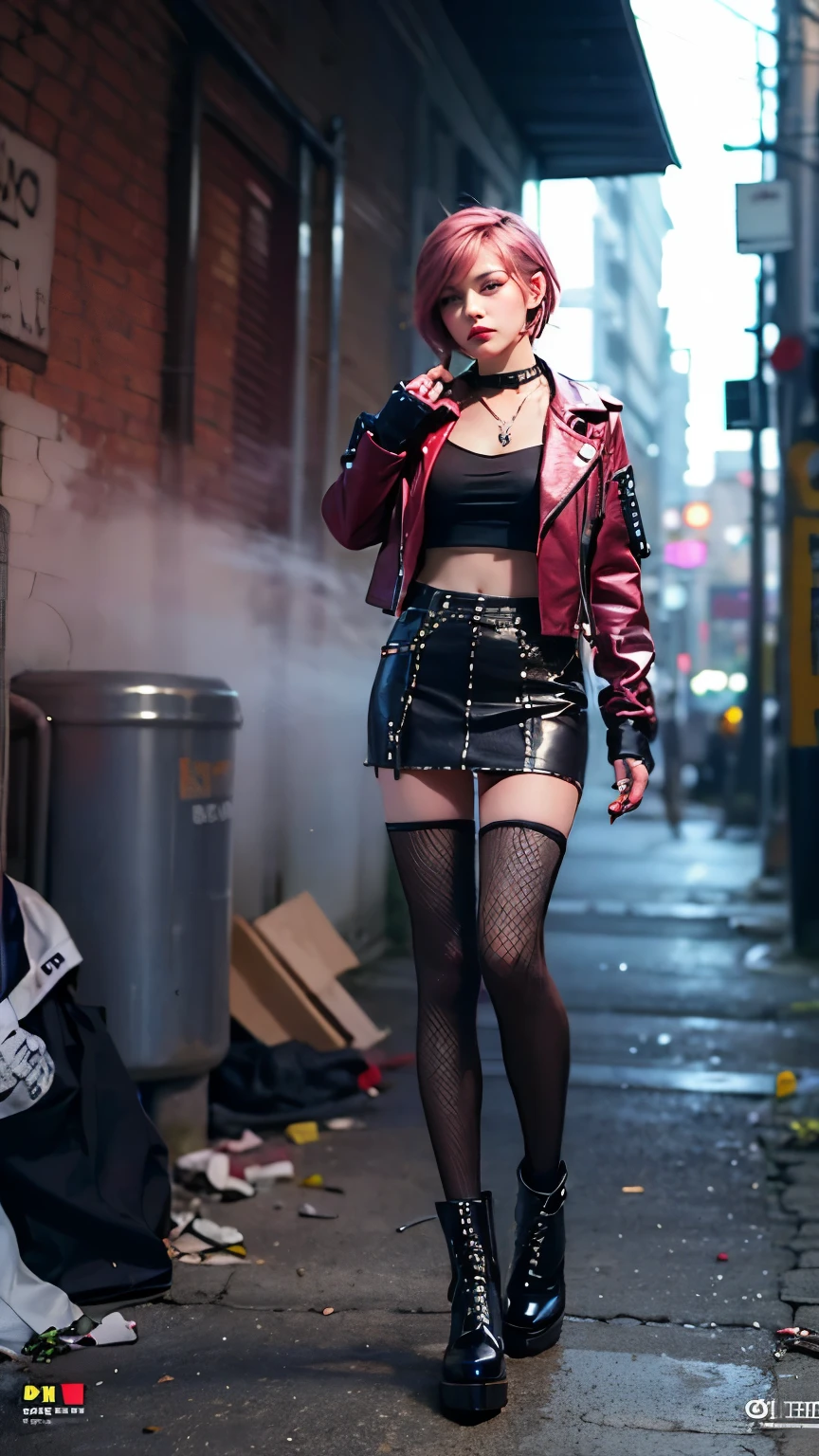 A punk girl with short pink hair, wearing a ripped leather jacket covered in graffiti and pins, fishnet stockings and combat boots. She stands in front of a red brick wall at night, surrounded by debris and trash cans. Her outfit also includes a plaid skirt, band t-shirt, spiked choker necklace, and fingerless gloves. The neon lights from the city give her an edgy glow as she holds a spray paint can in one hand and flips off the camera with the other. This illustration captures the rebellious spirit of street art culture in vibrant colors and intricate details.