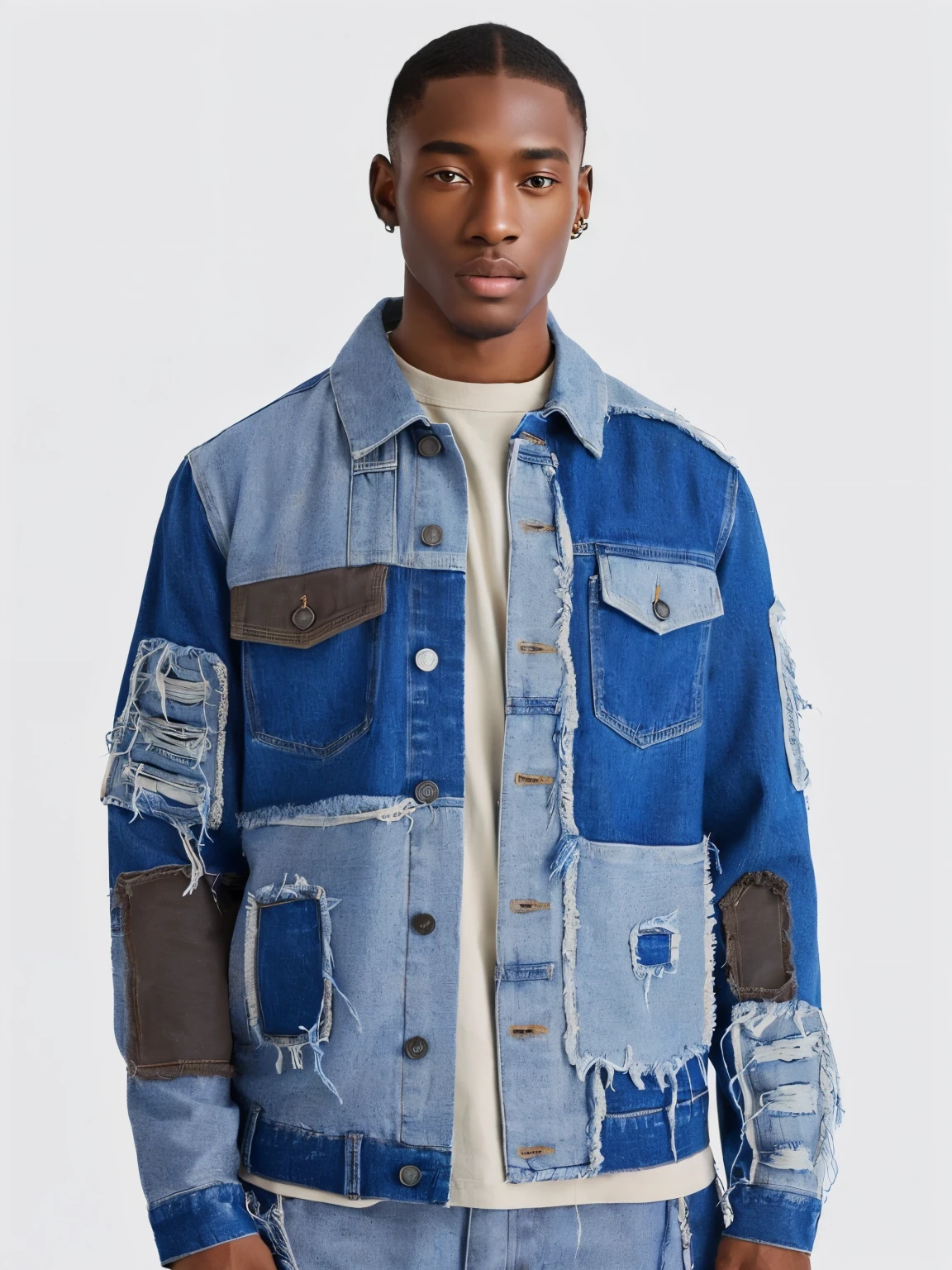 Dark Skin，Black person，Handsome，年轻Black person，a man wearing a denim jacket with patches and a white t - shirt, 穿着Denim jacket, Denim jacket, double denim, denim jacket, blue jeans. Unreal 5, denim, Feeling, Blue Jacket, Dembaza, Popular on r/Streetwear, wearing denim, 2020 fashion, edited, wearing double denim