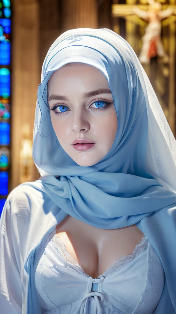 1 beautiful beautiful woman - Scandinavian European appearance (looks like the most beautiful Swedish girl), ((top quality, 8K, Masterpiece:1.retty woman, 1 woman, average breasts:1.3, a slim body:1.1, lush WHITE NIVEOUS long hair, (shower, wet body, wet clothes:1.1), very detailed face, detailed lips, detailed eyes, double eyelids, Detailed blue eyes, Detailed Outstanding Blue Eyes, WHITE NIVEOUS HAIR, in a church , inside the church , she's wearing hijab, huge beautiful earrings, full body picture