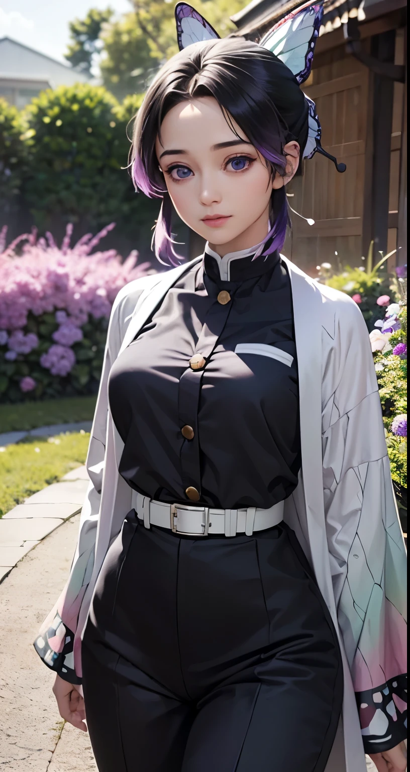 Ultra-realistic 8K CG,masterpiece,((Highly detailed background, Delicate pattern, Intricate details)),highest quality,very detailed face,Very beautiful eyes and face,Very beautiful eyes,Kocho Shinobu,Colorful Hair,No bangs,Hair intake,Purple eyes,amount,Black Shirt,Black trousers,Haori,butterfly,button,belt,(garden:1.2),Purple Flower,a bit,cloudy null,sunlight,Tyndall effect,slope_null,face,Gorgeous null,West Saber,Attractive posture,