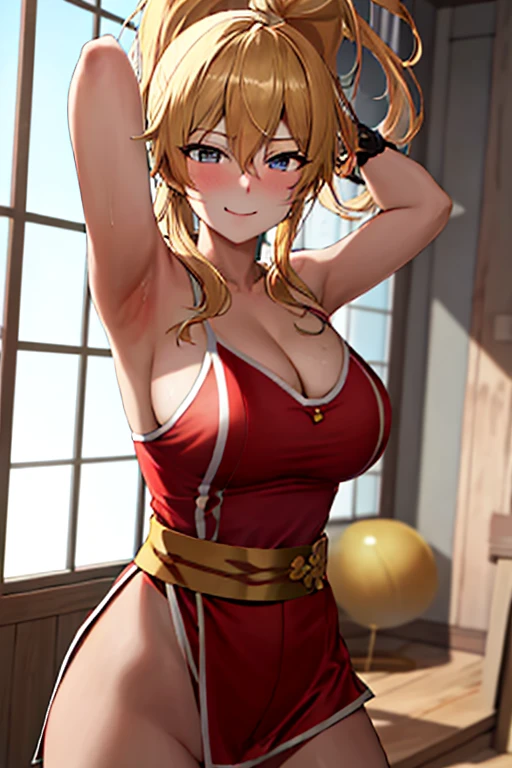 masterpiece, best quality, beautiful art, high resolution, well formed hands, body and fingers, 1 woman,solo, Jean Gunnhildr, up, adult, big breasted, cleavage, full body, long hair, hair ribbon, wearing a Maki Genryusai outfit, gorgeous legs , sexy and skimpy red kimono, hips and thighs, sexy red japanese clothes, she is doing exercise, warming up, stretching her body, bouncing breasts, bikini thong, sexy and erotic training, working out, sweating, smiling joyfully and brightly, training montage session, beach environment