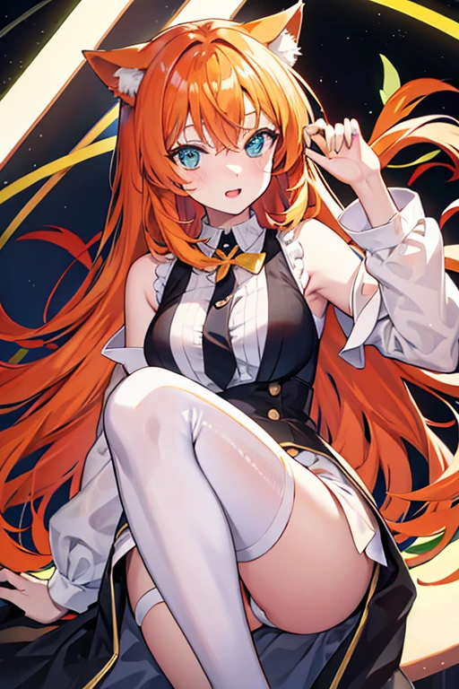 A woman has orange hair and His eyes are green, he has cat ears and he wears transparent clothes