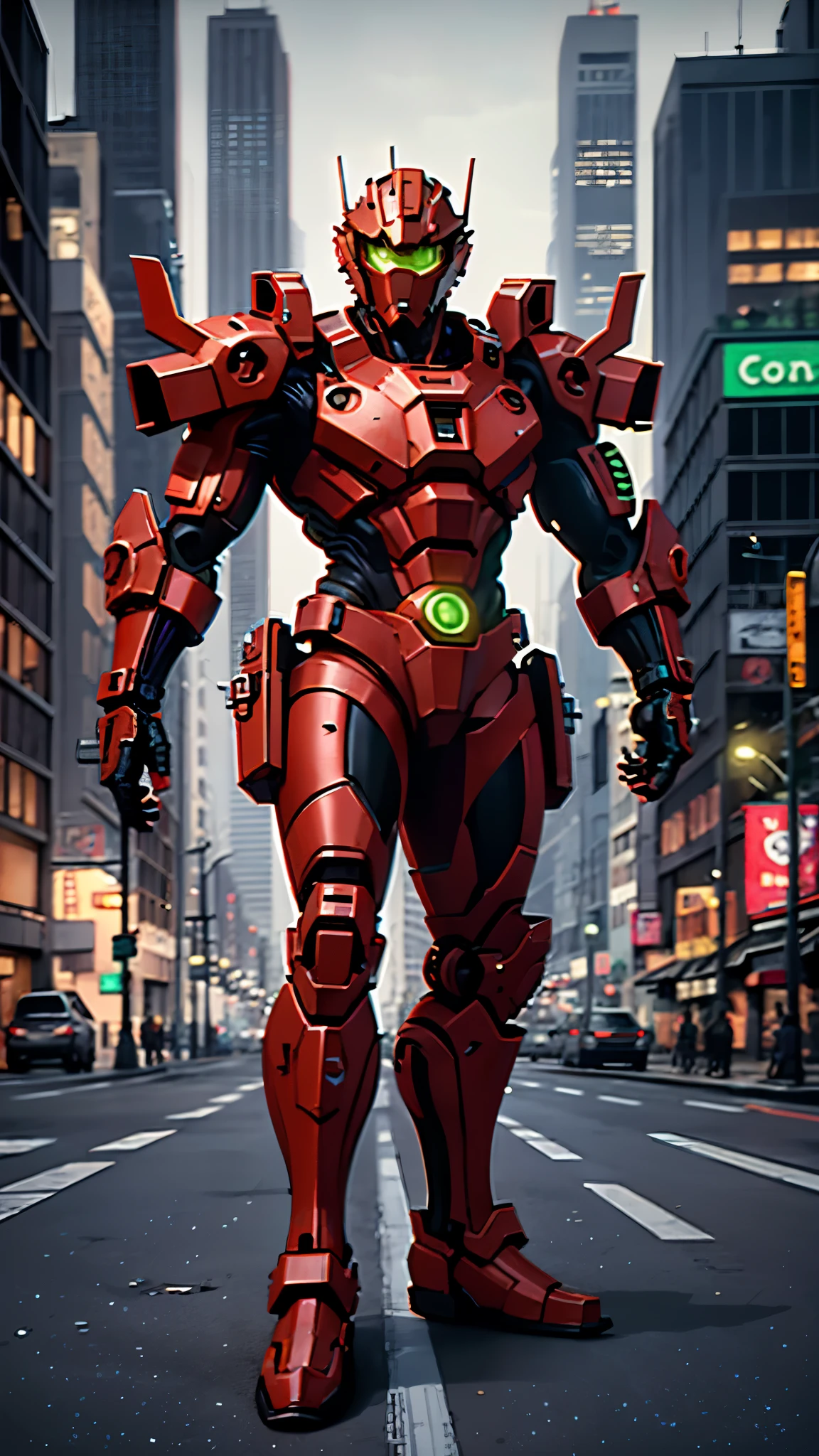 A man wearing a full-face helmet, a fantasy-style biotech armored combat suit, green eyes, (a composite layered chest armor), fully enclosed shoulder guards, matching arm and leg guards, the belt is adorned with exhaust pipes, (the color scheme is primarily black glow with green and red accents), the design balances heavy with agility, a high-tech bio-mecha armor, (Armor Concept Inspired by Cyberpunk motorcycle, stand on the top of a skyscraper in a futuristic sci-fi city), this character embodies a finely crafted fantasy-surreal style armored hero in anime style, exquisite and mature manga art style, (battle damage, element, plasma, energy, the armor glows), ((male:1.5)), metallic, real texture material, dramatic, high definition, best quality, highres, ultra-detailed, ultra-fine painting, extremely delicate, professional, perfect body proportions, golden ratio, anatomically correct, symmetrical face, extremely detailed eyes and face, high quality eyes, creativity, RAW photo, UHD, 32k, Natural light, cinematic lighting, masterpiece-anatomy-perfect, masterpiece:1.5