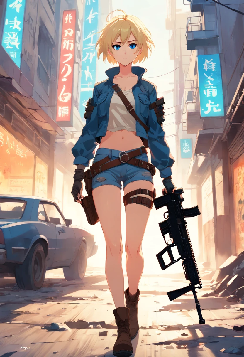 17 years old Women, ((Blonde)), ((Blue eyes)), ((Short hair)), ((Full shot)), dressed as a Mad Max movie heroine, a sensual post-apocalyptic version, walking through a deserted city and carrying an assault rifle in her hands.