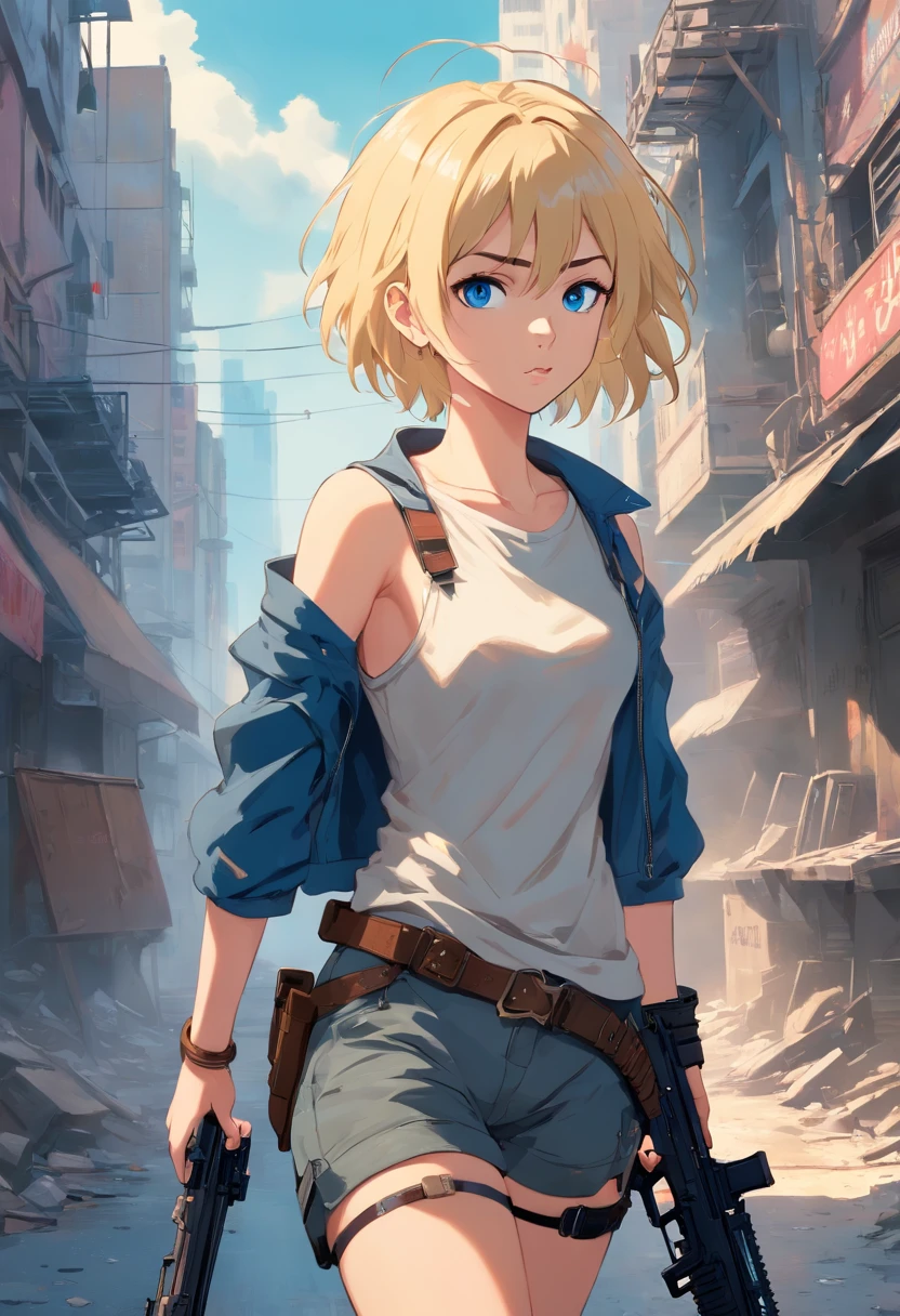  Women, ((Blonde)), ((Blue eyes)), ((Short hair)), ((Full shot)), dressed as a Mad Max movie heroine, a sensual post-apocalyptic version, walking through a deserted city and carrying an assault rifle in her hands.