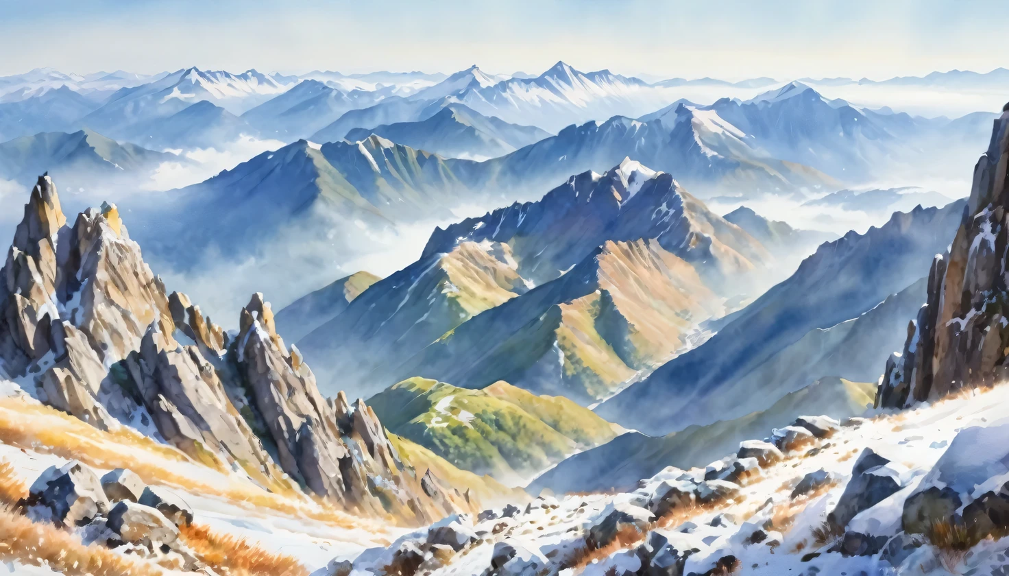Watercolor Landscape, (View from ridge: 1.4), Japanese mountains, (lingering snow), Northern Alps, Okuhotaka, gendarmes, horse bones, (mountains full of rocks and stones), spectacular rock formations, precipices, (Masterpiece), (Best Quality), (Ultra high Detailes)