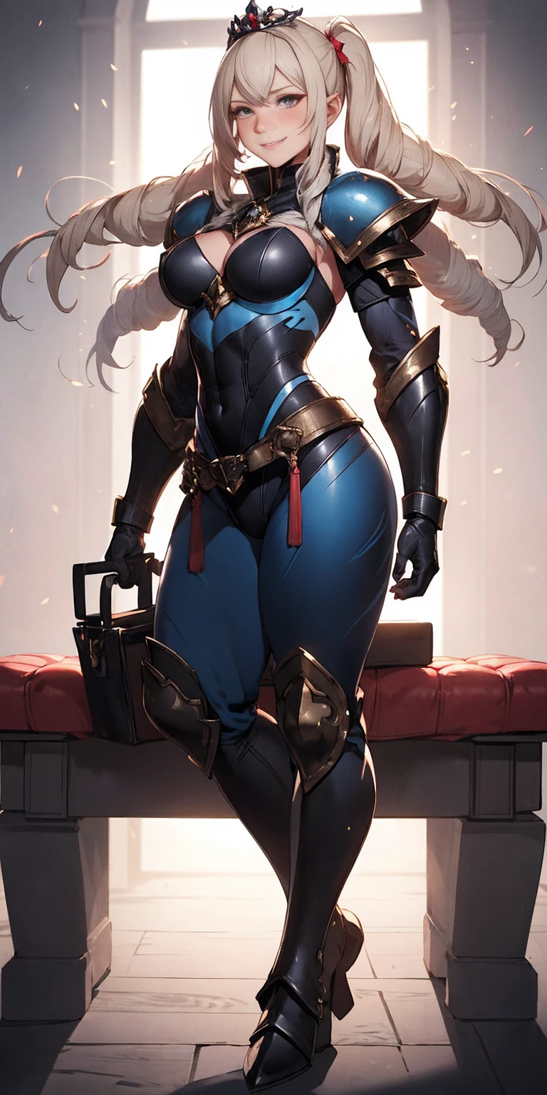 Poppy the keeper blue pale skin full body whole body 1sologirl loincloth standing warrior proud expression, hands on hips, loincloth standing, hands on hips, metal sandals, leather choker with golden bell bellybutton navel, leather corset, big belt, view from below, feet together, bracers, tiara