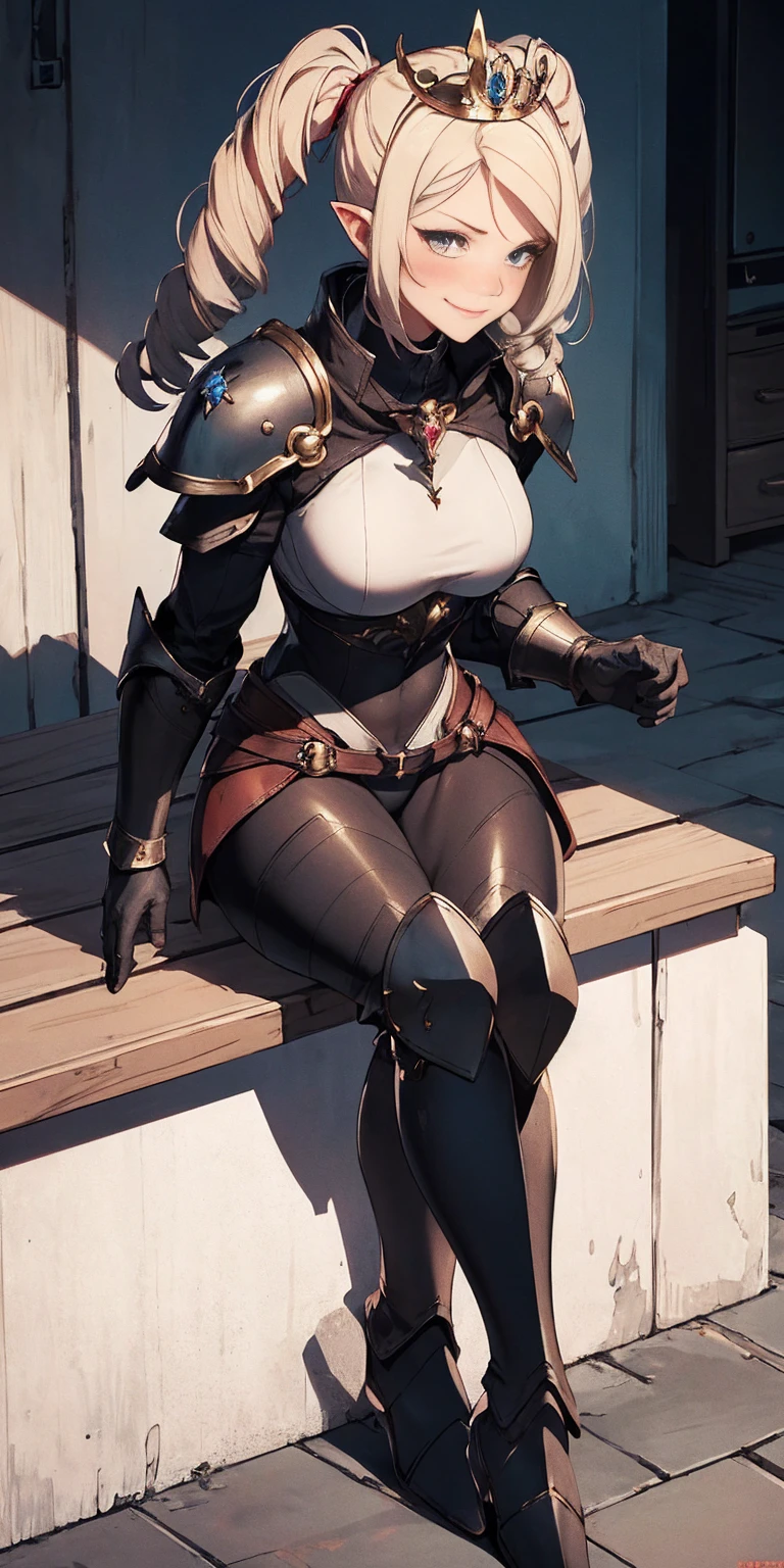 full body sitting on a bench showing ass to me, BLUE breastplate, BLUE skin (1girl)(BLUE skin:1.2) looking at viewer, shiny, armor, thigh highs, high boots, pauldrons shoulder armor, faulds, poleyn, gloves, gauntlets, rerebrace armored boots, (masterpiece, best quality, ultra-detailed, best shadow) yordle pointy ears muscular lean platinum blonde long twin-tails hairstyle at the office lustful smirking smile face red blushed, blush, strong abs, female body builder, tiara, twin drills hair