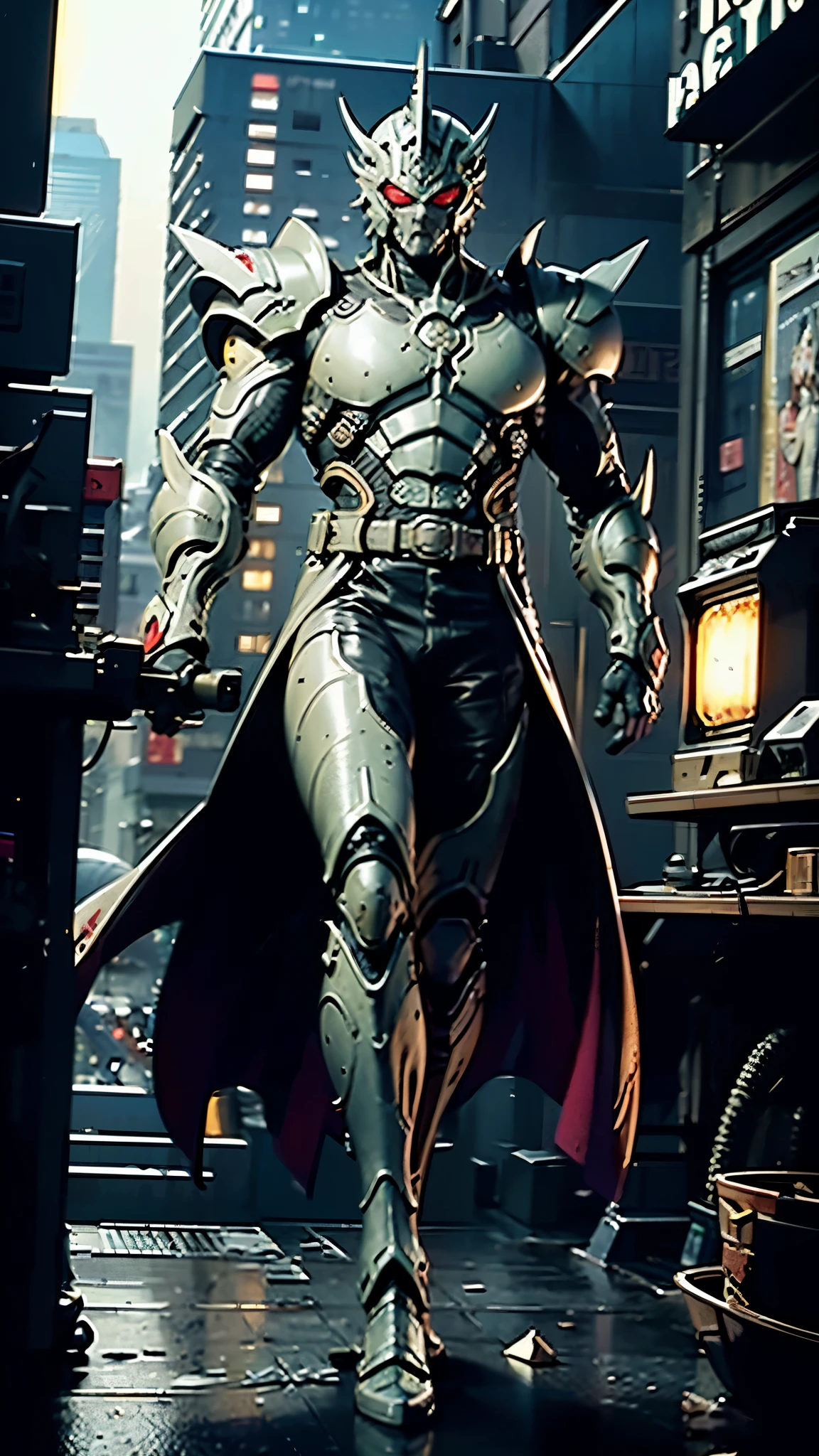 A man wearing a full-face helmet, a fantasy-style biotech armored combat suit, green eyes, (a composite layered chest armor), fully enclosed shoulder guards, matching arm and leg guards, the belt is adorned with exhaust pipes, (the color scheme is primarily black glow with green and red accents), the design balances heavy with agility, a high-tech bio-mecha armor, (Armor Concept Inspired by Cyberpunk motorcycle, stand on the top of a skyscraper in a futuristic sci-fi city), this character embodies a finely crafted fantasy-surreal style armored hero in anime style, exquisite and mature manga art style, (battle damage, element, plasma, energy, the armor glows), ((male:1.5)), metallic, real texture material, dramatic, high definition, best quality, highres, ultra-detailed, ultra-fine painting, extremely delicate, professional, perfect body proportions, golden ratio, anatomically correct, symmetrical face, extremely detailed eyes and face, high quality eyes, creativity, RAW photo, UHD, 32k, Natural light, cinematic lighting, masterpiece-anatomy-perfect, masterpiece:1.5