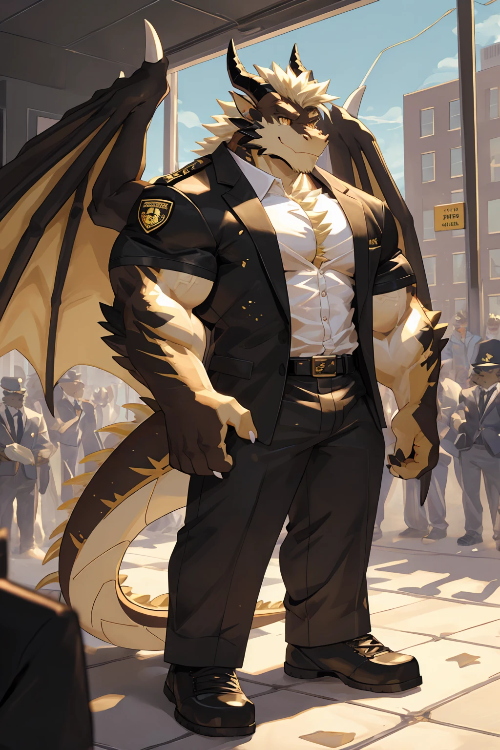 male focus, security guard, Handsome 1boy, solitary, protrait photo，single, (White Paws, White nails:1.3), (Long blond hair:1.2), (Black and gold dragon wings:1.2), Black and gold skin, Black and gold dragon tail, (Black and gold dragon horns, Black and gold horns:1.3), Gold Tattoo, (Perfect black and gold eyes, Black and gold body, black scales, black ear:1.3), Western Dragon, dragon, dragon boy, dragon body, (big eyes, large eyes:1.3) , Golden dragon tattoo, Dragon Scale, 
Wearing black short sleeves, Wearing a white short-sleeved shirt, Black trousers, Black short shoes, Black leather belt, Black hat, Black brim, 
(full body:1.2), Front view, (Mature men:1.1), (muscle,Strong male, muscle男, Exposed chest muscles:1.2), Abdominal muscles, (Thick thighs:1.1), (Standing:1.3), (Looking at the audience, Focus, Eyes gaze:1.3), (Smile:1.2), (Slightly bow your head 1.3), 
full background, Blue sky, White Cloud, ground, School, School gate, security guard亭, 
Mysterious and romantic atmosphere, Caustic lines(refraction, polarization)Perfect anatomical structure, absurd, Detailed background, Delicate eyes,Printing style。（artist:Takemoto Arashi）