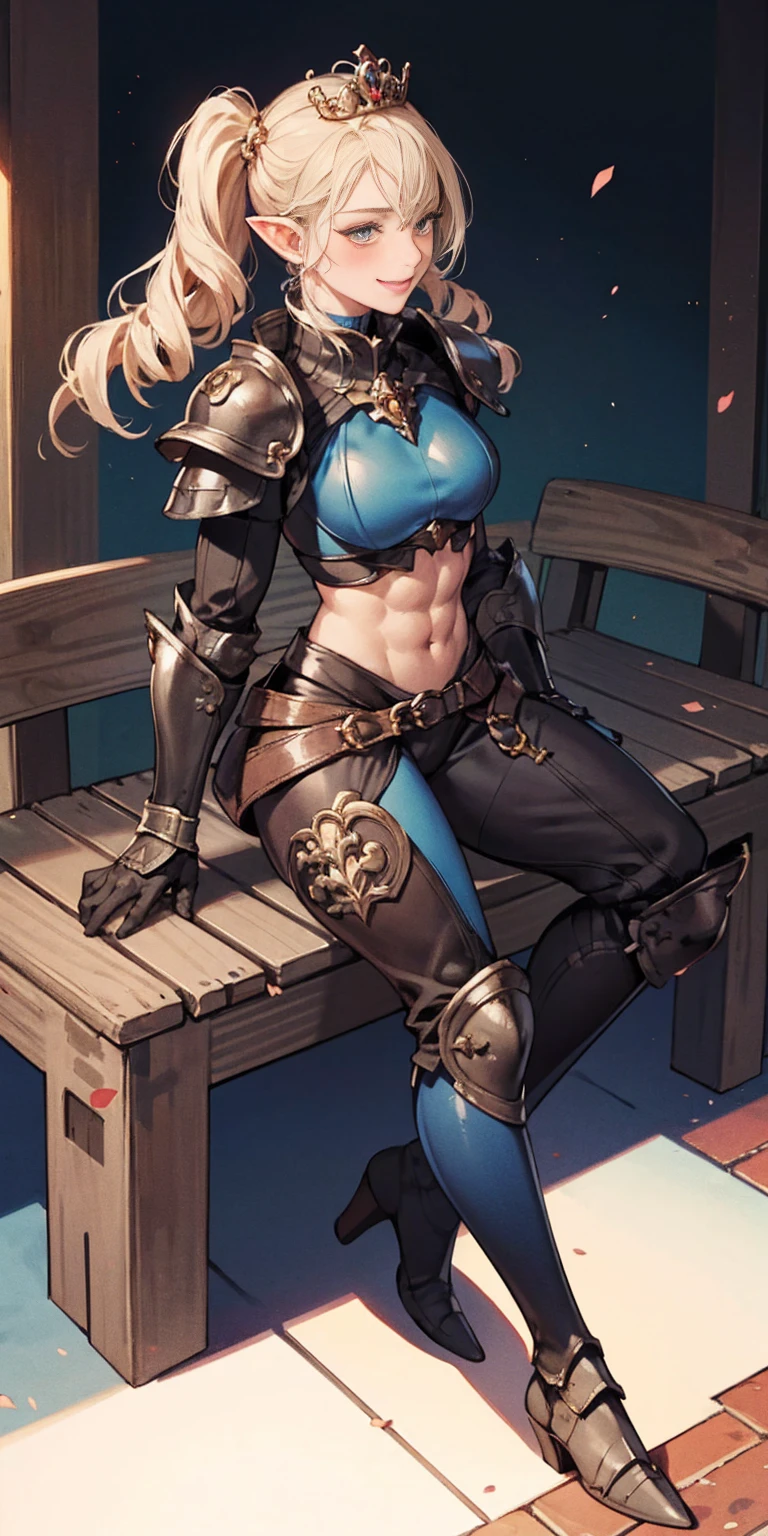 full body sitting on a bench showing ass to me, BLUE breastplate, BLUE skin (1girl)(BLUE skin:1.2) looking at viewer, shiny, armor, thigh highs, high boots, pauldrons shoulder armor, faulds, poleyn, gloves, gauntlets, rerebrace armored boots, (masterpiece, best quality, ultra-detailed, best shadow) yordle pointy ears muscular lean platinum blonde long twin-tails hairstyle at the office lustful smirking smile face red blushed, blush, strong abs, female body builder, tiara, twin drills hair