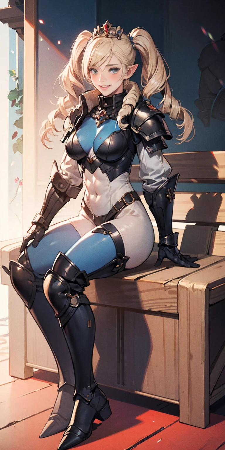 full body sitting on a bench showing ass to me, BLUE breastplate, BLUE skin (1girl)(BLUE skin:1.2) looking at viewer, shiny, armor, thigh highs, high boots, pauldrons shoulder armor, faulds, poleyn, gloves, gauntlets, rerebrace armored boots, (masterpiece, best quality, ultra-detailed, best shadow) yordle pointy ears muscular lean platinum blonde long twin-tails hairstyle at the office lustful smirking smile face red blushed, blush, strong abs, female body builder, tiara, twin drills hair