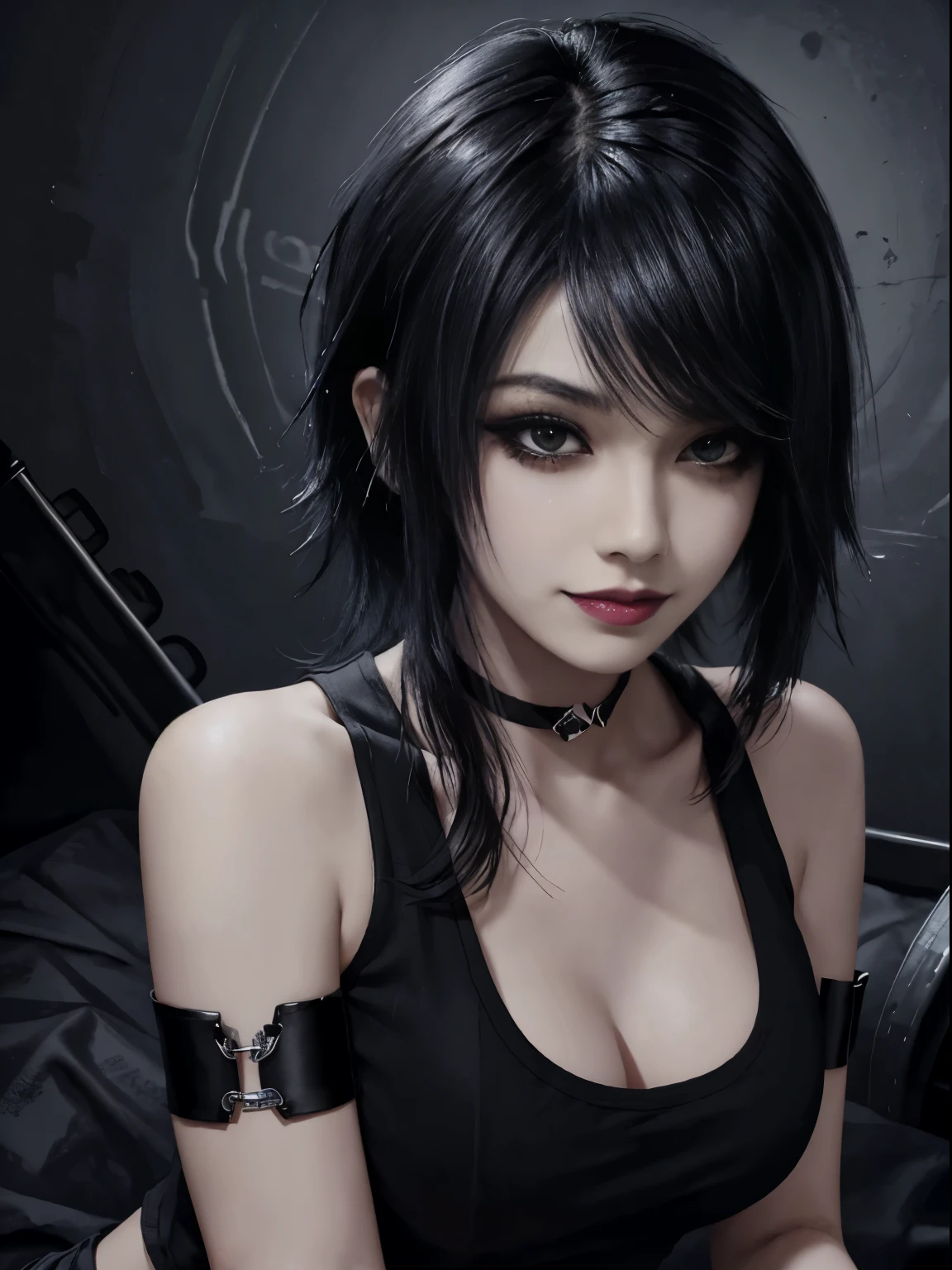 1girl, woman, emo_hairstyle, black lipstick, smug, grin, choker, cuffs, eyeliner, eye shadow, mascara, smoky eyes, realistic lighting, tank top