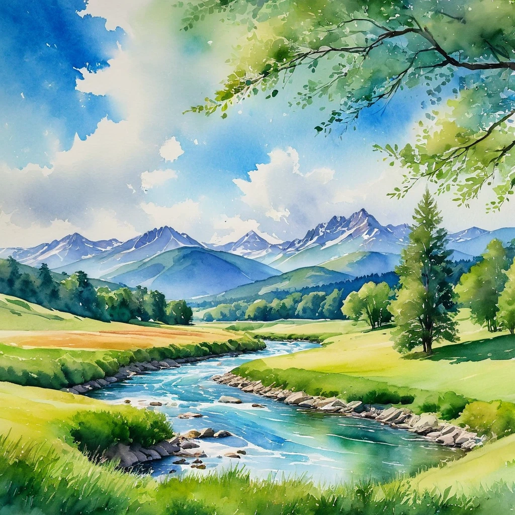 a serene watercolor landscape, rolling hills, lush green meadows, a flowing river, majestic mountains in the distance, wispy clouds in a bright blue sky, sunlight filtering through the trees, vibrant colors, soft brushstrokes, tranquil atmosphere, beautiful natural scenery, highly detailed, photorealistic, 8k, masterpiece