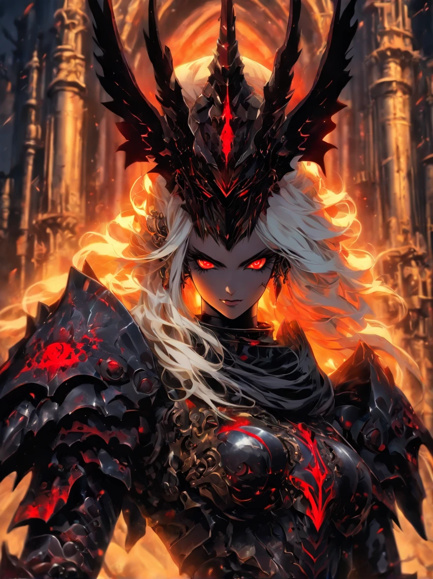 queen power armor  , (gothic style), full body view , bellybutton, The most beautiful and sexy demon goddess, long white hair, glowing red eyes, wearing detailed black gothic battle armor, black angel wings, tattoos and piercings, gothic castle, perfect masterpiece, high quality, high resolution