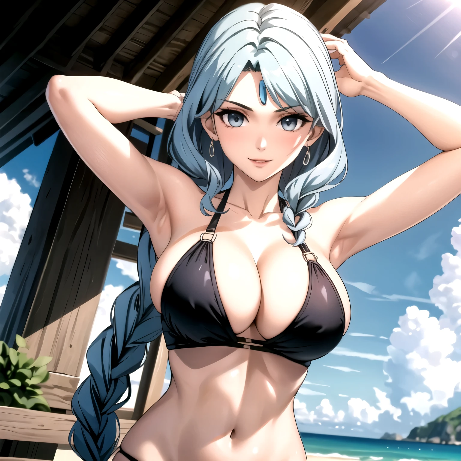 Beautiful 25 year old woman braided light blue hair light skin., a jewel on his forehead pale skin, sonrisa coqueta, pechos medianos grandes, bikini celestes , esta sola en una playa , manos en la cabeza, sunny day. hand behind head. sonrisa feliz