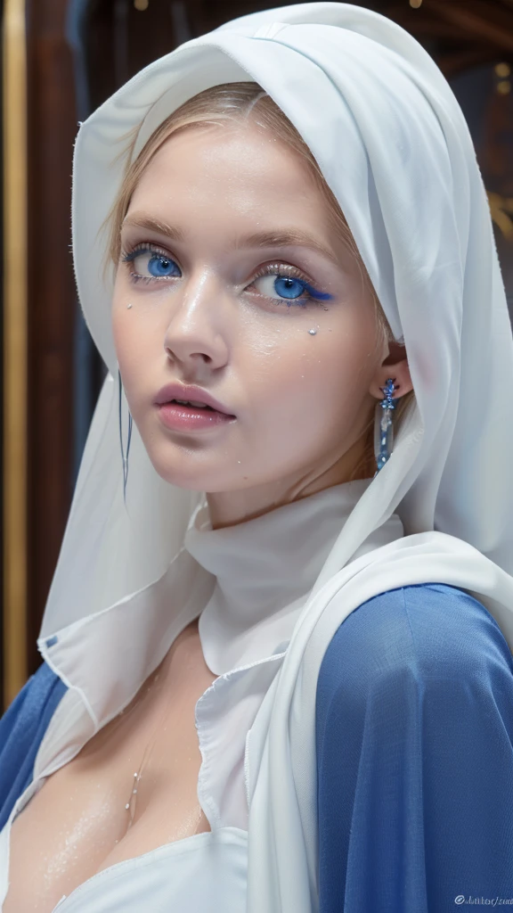 1 beautiful beautiful woman - Scandinavian European appearance (looks like the most beautiful Swedish girl), ((top quality, 8K, Masterpiece:1.retty woman, 1 woman, average breasts:1.3, a slim body:1.1, lush WHITE NIVEOUS long hair, (shower, wet body, wet clothes:1.1), very detailed face, detailed lips, detailed eyes, double eyelids, Detailed blue eyes, Detailed Outstanding Blue Eyes, WHITE NIVEOUS HAIR, in a church , inside the church , she's wearing hijab, huge beautiful earrings, full body picture