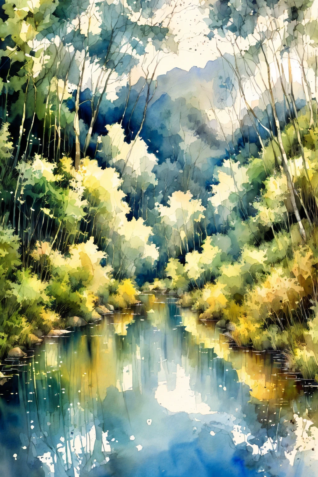 a serene watercolor landscape painting, beautiful detailed scenery with lush greenery, rolling hills, winding river, reflection in the water, vibrant colors, (best quality,4k,8k,highres,masterpiece:1.2),ultra-detailed,(realistic,photorealistic,photo-realistic:1.37),professional, cinematic composition, warm lighting, subtle textures, atmospheric, tranquil, idyllic