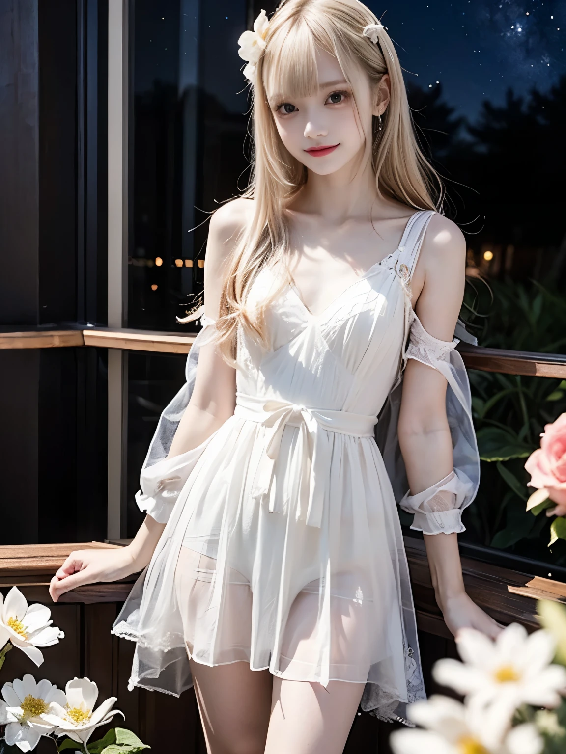 raw photo, 8k, (top-quality), Realistic, (real picture, Intricate details), (natural skin texture, detailed skin, hyper realism, sharpness), (Japanese age girl flying in the sky high at night, white flowers, dancing), ((white dress, see-through dress, white flower hair ornament, look far away)), (pale skin:1.2), slender body, ((light blond hair:1.3, long hair, blunt bangs)), (Parted lips:1.3, eye shadow, eyeline, tear bag:1.2, red lip, undereye circle, smile), night time, starry skies, full body shot,Thin string-like underwear visible through the dress,Thin, see-through cotton underwear,Light pink underwear,beautiful girl,Slim figure,Are thin,Flat Chest,Small waist,Thin and slim hips,