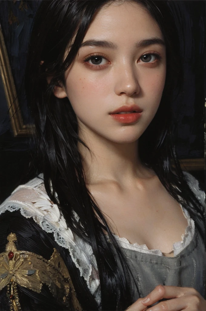 (Oil painting: 1.5),

\\

A woman with long black hair, (a detailed painting: 0.353), (Gothic art: 0.106), hairstyle