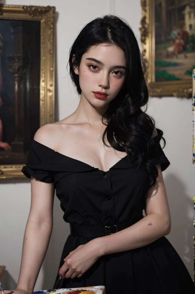 (masterpiece, top quality, best quality,8k, girl,ultra detailed,raw photo:1.5),(photorealistic:1.4), PerfectNwsjMajic, , Surrealism, UHD, ccurate, Super detail, textured skin, High detail, Best quality, dynamic angle, (high nose,White skin),[Beautiful eyes],[flat chest:large breasts:0.5],(1girl),(good anatomy:0.5)),(Oil painting: 1.5),

\\

A woman with long black hair,(cocotte dress,france), (a detailed painting: 0.353), (Gothic art: 0.106)