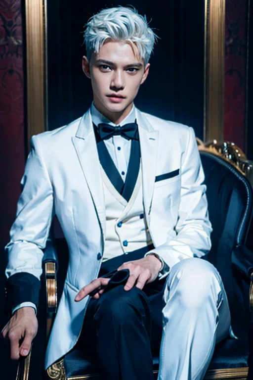 Best quality,masterpiece,ultra high res,photorealistic:1.4,1boy, Gojo Saturo of Jujutsu Kaisen, white haired, blue eyes, wearing black tuxedo. Sitting on elegant chair. Smiling.