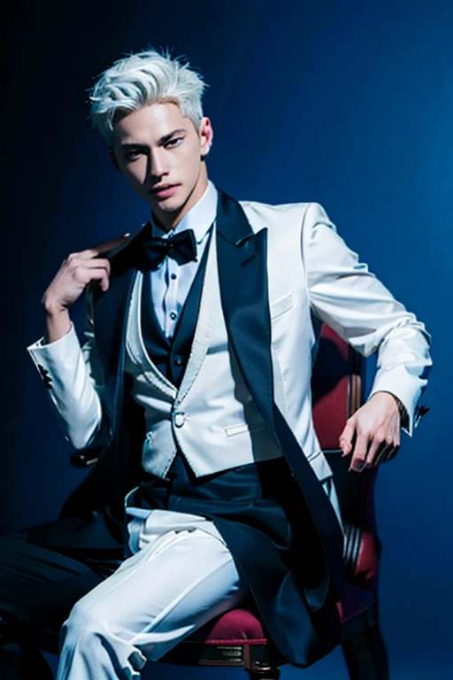 Best quality,masterpiece,ultra high res,photorealistic:1.4,1boy, Gojo Saturo of Jujutsu Kaisen, white haired, blue eyes, wearing black tuxedo. Sitting on elegant chair. Smiling.