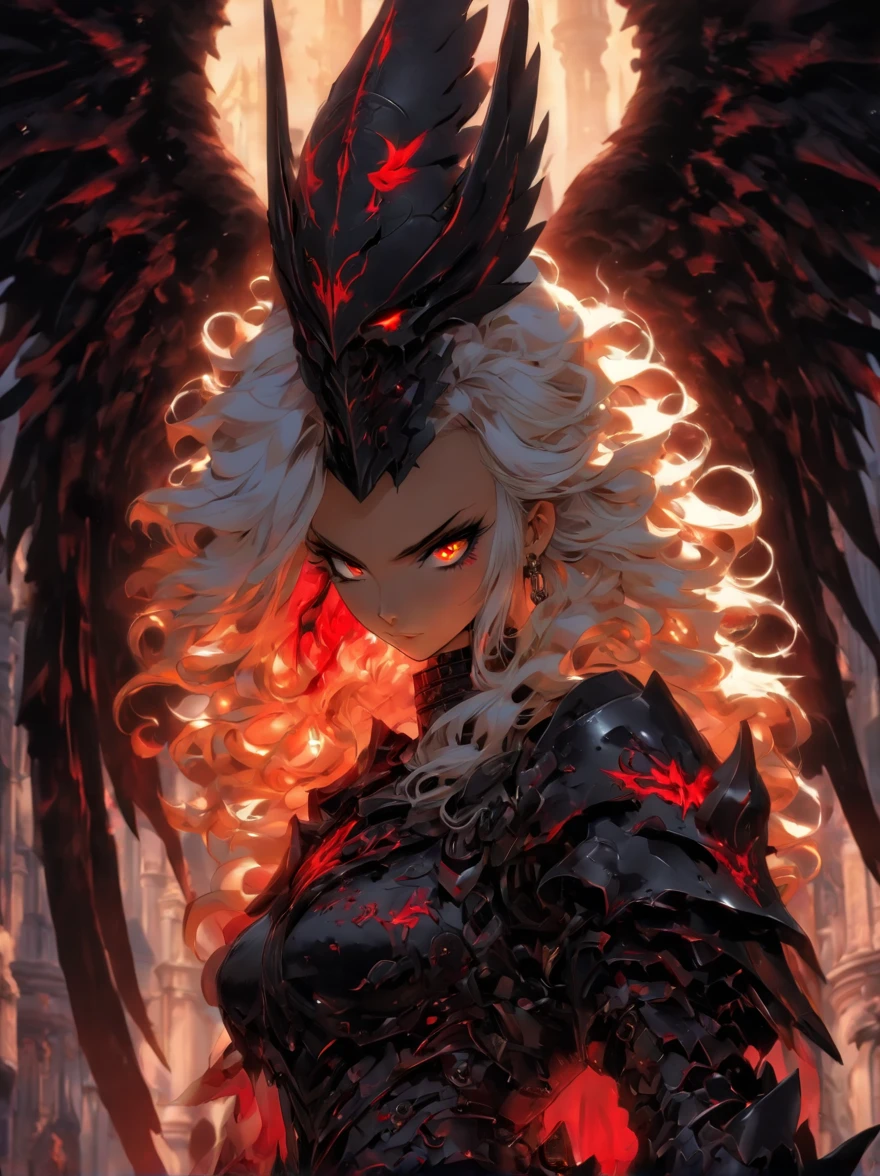 queen power armor , (gothic style), full body view , bellybutton, The most beautiful and sexy demon goddess, long white hair, glowing red eyes, wearing detailed black gothic battle armor, black angel wings, tattoos and piercings, gothic castle, perfect masterpiece, high quality, high resolution