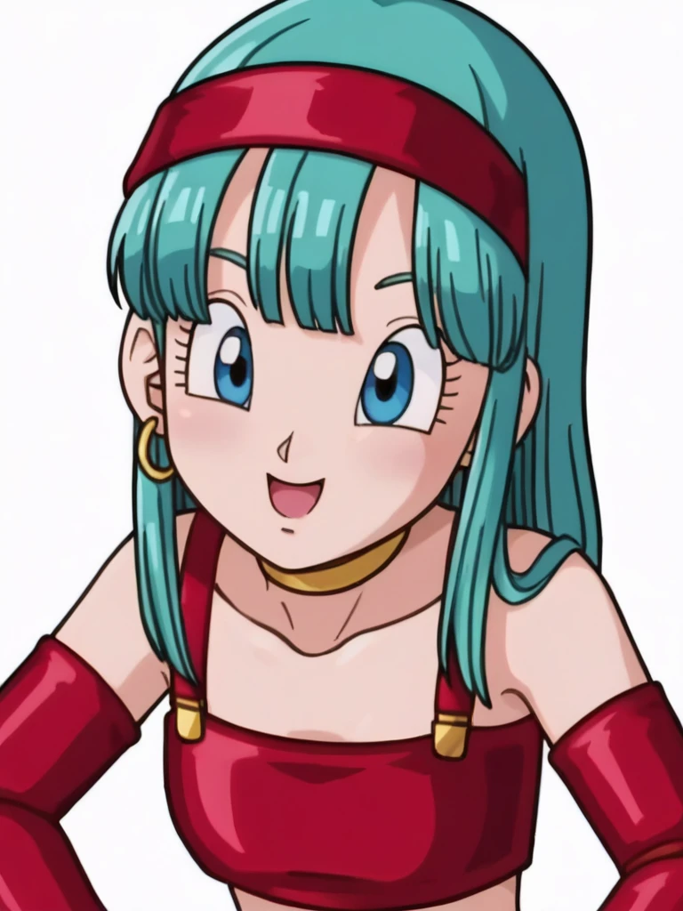 source_anime, score_9, score_8_up, score_7_up, anime screencap,
bulla, 1girl, solo, long hair, breasts, looking at viewer, blush, smile, open mouth, bangs, simple background, gloves, collarbone, upper body, :d, aqua hair, white background, ring, blunt bangs, bridal gauntlets, eyelashes, hoop earrings, eyebrows, bare shoulders, red hairband, blue eyes, elbow gloves, red gloves, fingerless gloves, crop top, red crop top, midriff, pointy nose, straight hair, shiny hair, tongue, leaning forward, flat chest, hair on shoulder, choker, leather, indoor bedroom
 