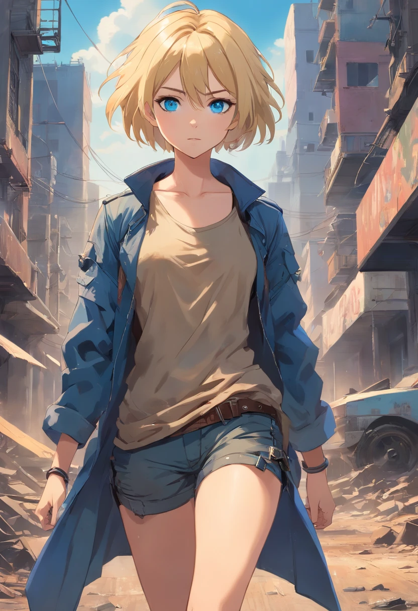 s old Women, ((Blonde)), ((Blue eyes)), ((Short hair)), ((Full shot)), dressed as a Mad Max movie heroine, a sensual post-apocalyptic version, walking through a deserted city, full of dust