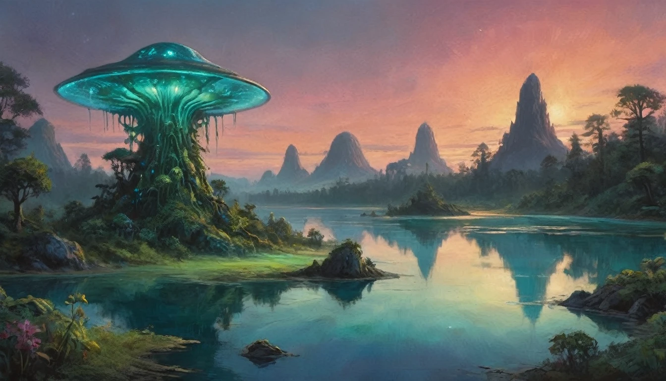 A vast alien fungoid world, bioluminescent structures, twilight, watercolor landscape, (best quality,4k,8k,highres,masterpiece:1.2),ultra-detailed,(realistic,photorealistic,photo-realistic:1.37),dramatic lighting,ethereal atmosphere,lush flora,vibrant colors,alien foliage,floating islands,tranquil lakes,reflections,fantasy art,cinematic composition,muted tones,dreamlike,mystical