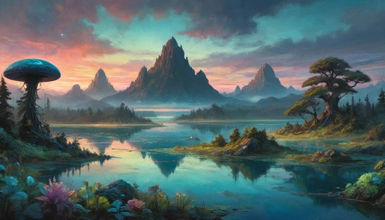 A vast alien fungoid world, bioluminescent structures, twilight, watercolor landscape, (best quality,4k,8k,highres,masterpiece:1.2),ultra-detailed,(realistic,photorealistic,photo-realistic:1.37),dramatic lighting,ethereal atmosphere,lush flora,vibrant colors,alien foliage,floating islands,tranquil lakes,reflections,fantasy art,cinematic composition,muted tones,dreamlike,mystical