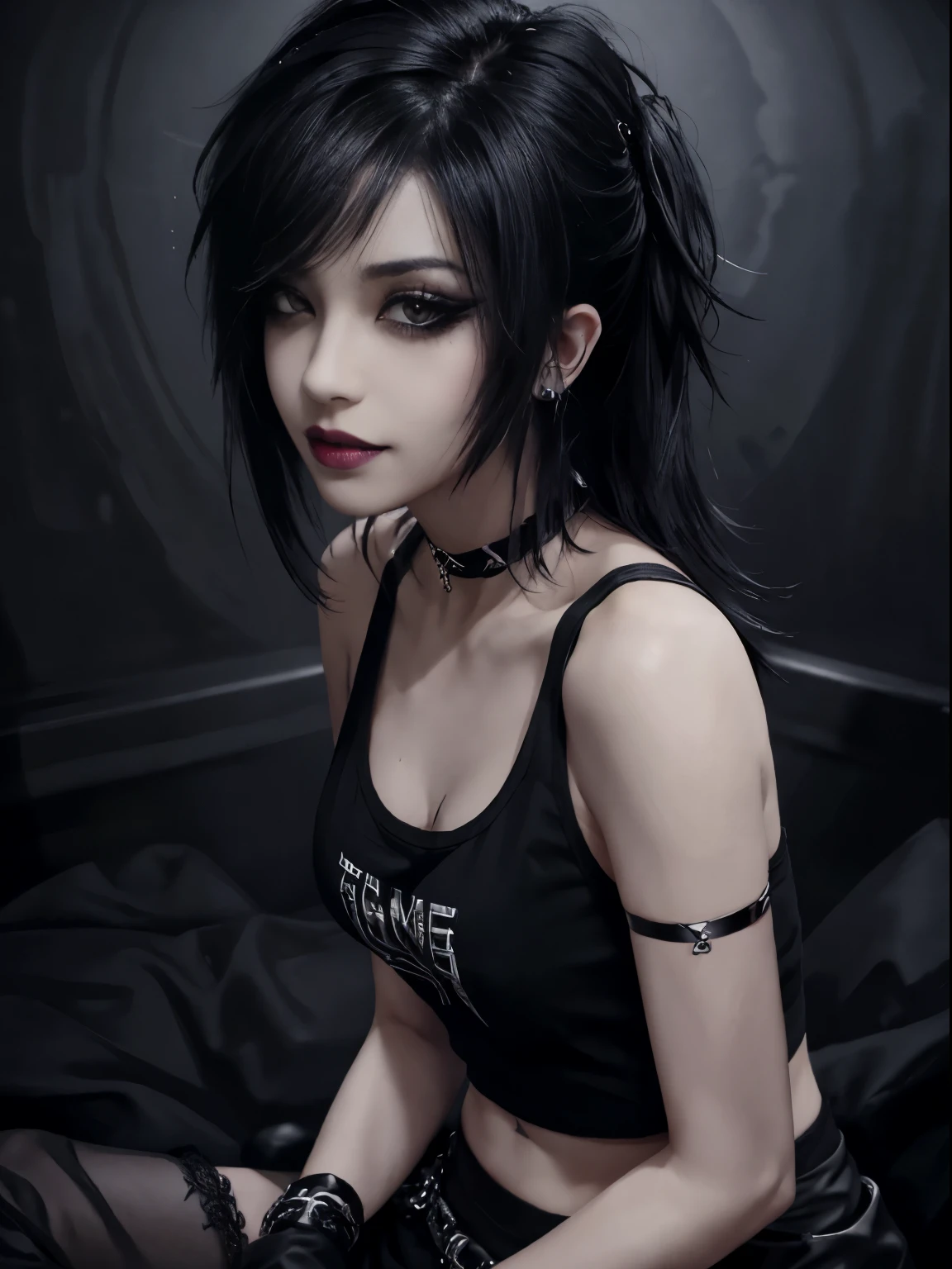 1girl, woman, emo_hairstyle, black lipstick, smug, grin, choker, cuffs, eyeliner, eye shadow, mascara, smoky eyes, realistic lighting, tank top, flat chest, .