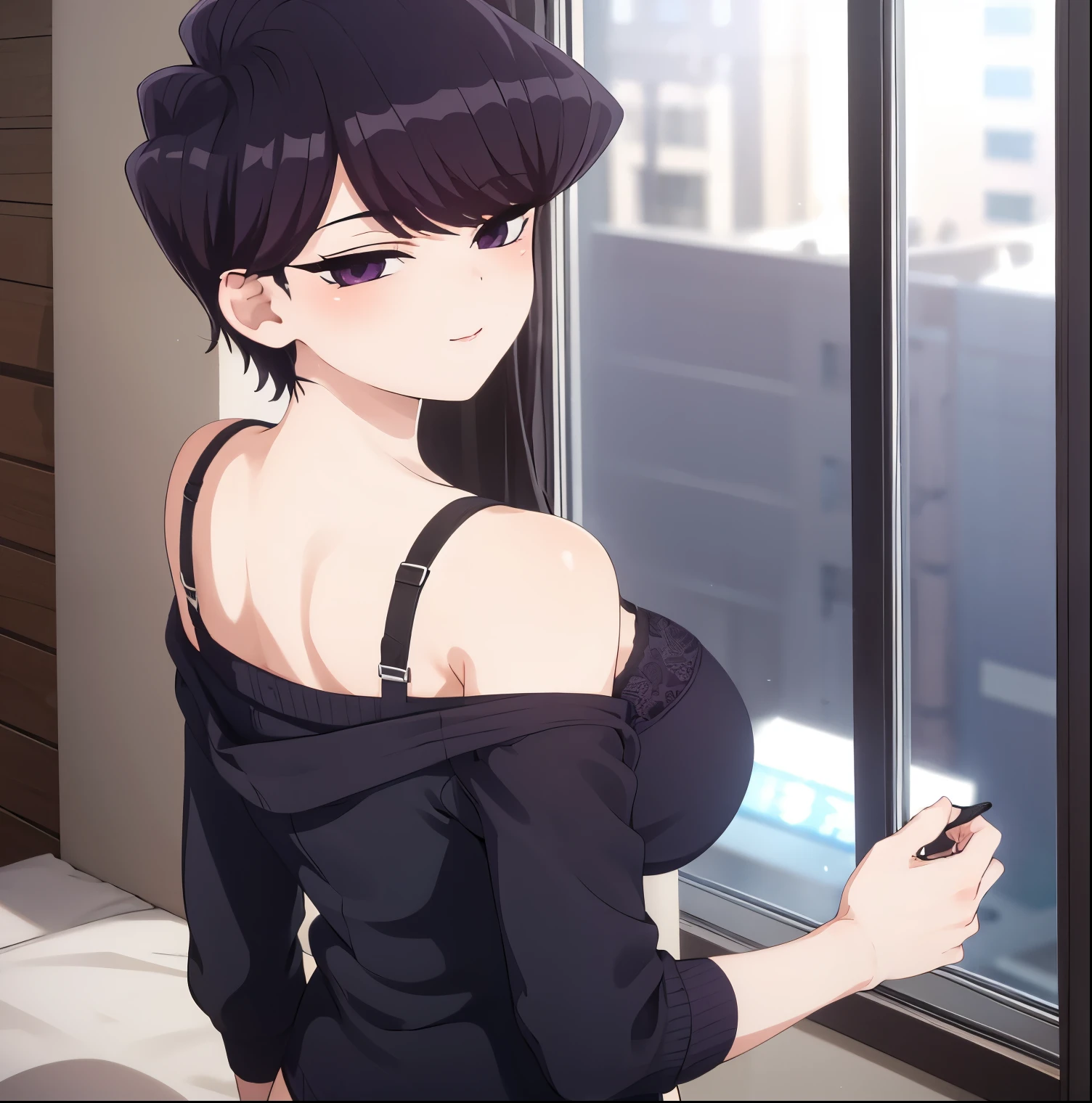 1 girl, alone, komi shuuko, short hair, dark purple hair, parted on the left side of the head, dark purple eyes, smiling, seductive, makeup, light pink lipstick, lingerie black, black bra with purple lace, black thong with purple lace, large breasts, medium waist, medium hips, medium thighs, round butt, living room, standing, looking at viewer, from behind, pov (from below), night , open window, good lighting, perfect hands, perfect anatomy,