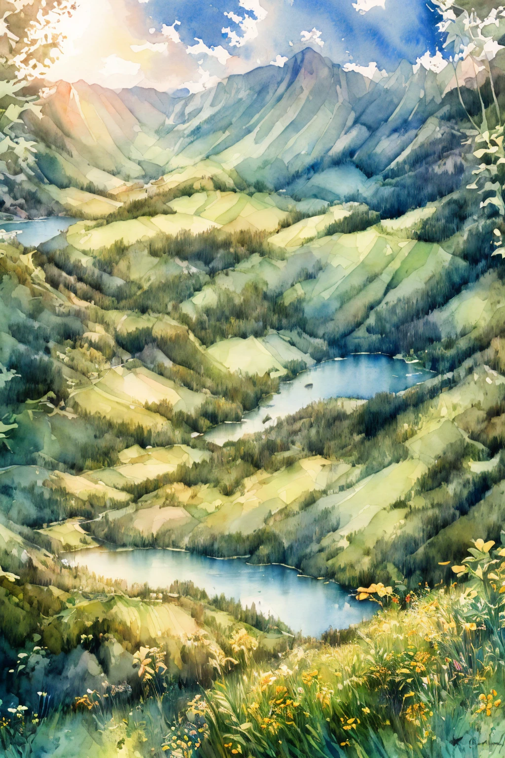 detailed watercolor landscape, pastel colors, lush greenery, rolling hills, vibrant flowers, serene lake, wispy clouds, warm sunlight, ethereal atmosphere, soft brushstrokes, dreamlike quality, masterpiece, 8k, high resolution, photorealistic