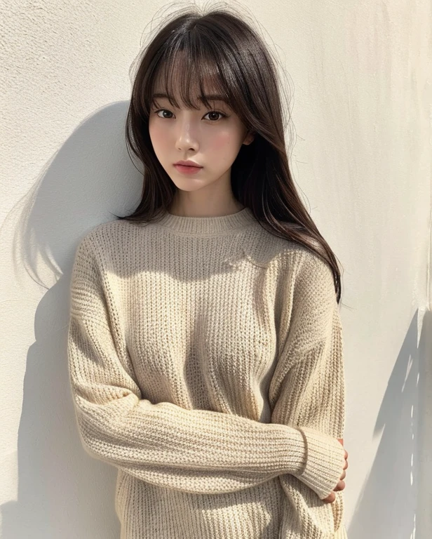 (Very realistic photos, concentrate、High resolution, Detailed face, Fine Eyes), ((Photographed in front of a white wall))、Japanese women, 20-year-old, various expressions, Upper Body、alone:1, Slim figure, 、Light bangs、Long Hair、Black Hair,Natural look、Beige long sleeve knit、Only one person is in the photo、Photographed in natural light、Looking into the camera,