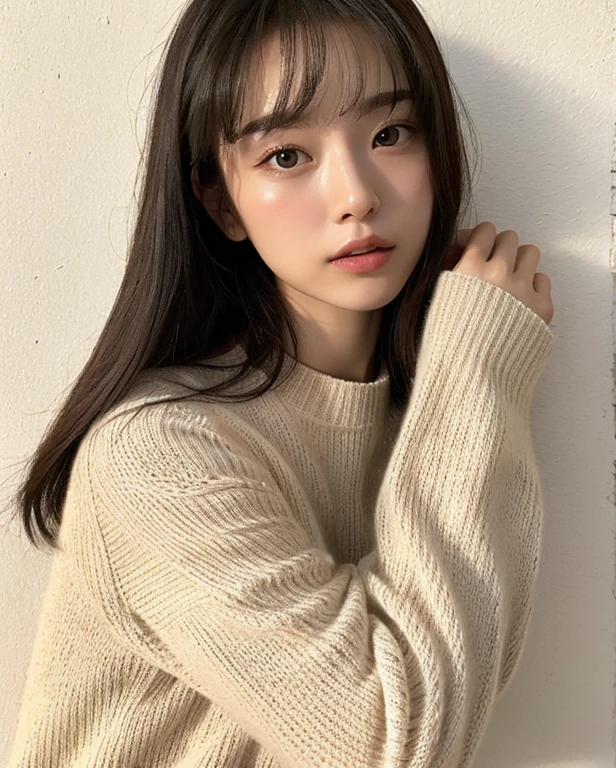 (Very realistic photos, concentrate、High resolution, Detailed face, Fine Eyes), ((Photographed in front of a white wall))、Japanese women, 20-year-old, various expressions, Upper Body、alone:1, Slim figure, 、Light bangs、Long Hair、Black Hair,Natural look、Beige long sleeve knit、Only one person is in the photo、Photographed in natural light、Looking into the camera,