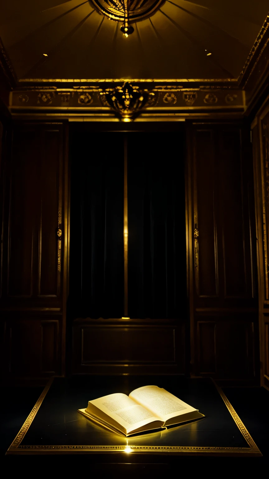 In a dark room, a big golden book is kept on a table, royal room, key light