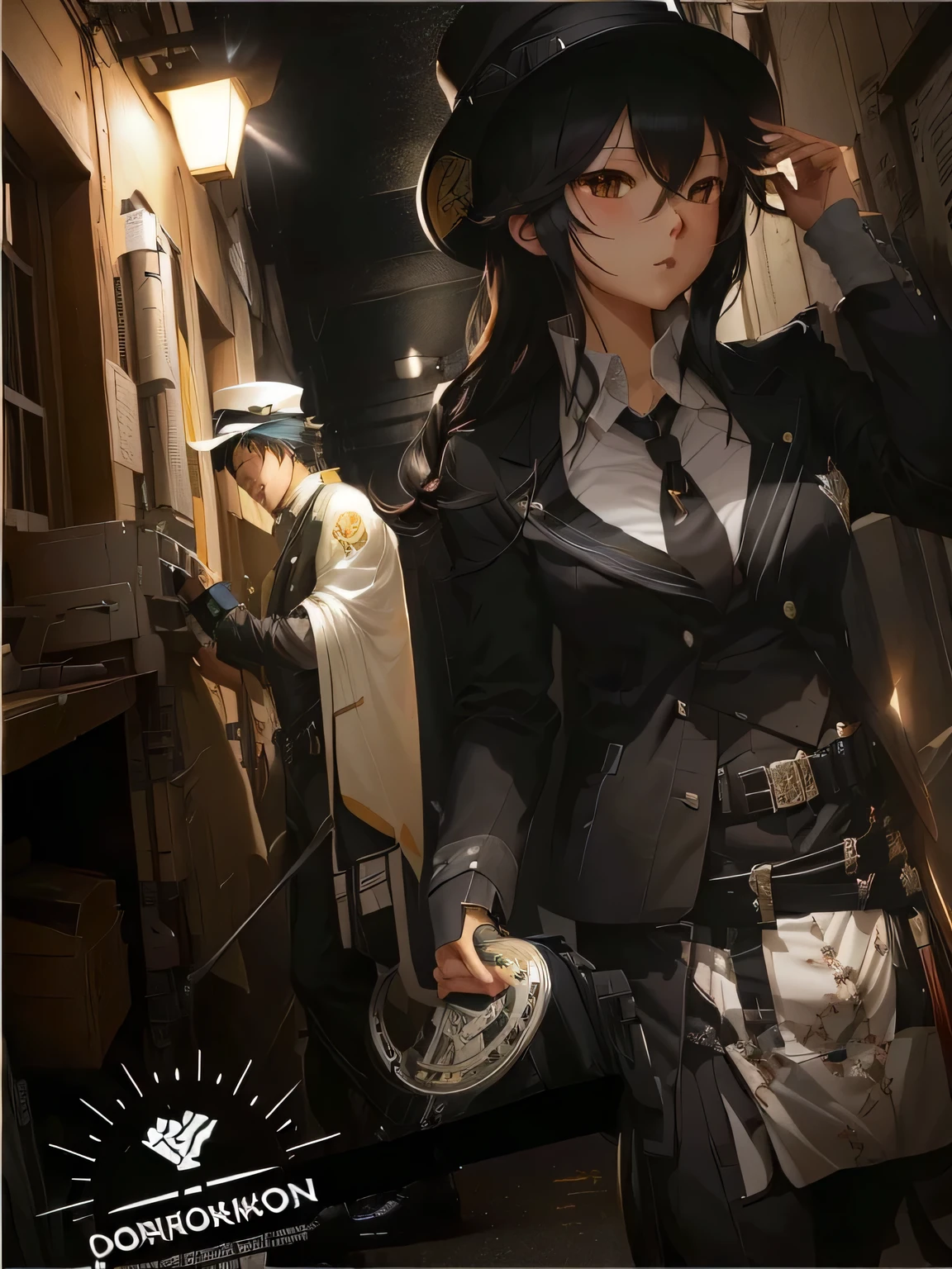 Holding lanterns in the corridor of the theater、anime character wearing hat, Black detective and fedora, Inspired by Yamagata Hiroshi, Illustration by Shigenori Soejima, author：Yukika Kosaka, detective uniform, Zerocha art, key point, Zerocha, Inspired by Yukihiko Yasuda, Akihiko Inoue and Ross Tran, Amazing wallpapers，corridor