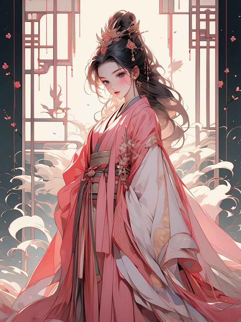 juunihitoe,(masterpiece, highest quality, highest quality,aesthetics:1.2),From the side,Esbian all over,1300 years ago,Japan_Heian period,noble,(1Beautiful Princess Beautiful Skin Straight Hair Long beautiful black hair wealthy),Beautiful round eyes,(kimono Gentle pink hue The beauty of layered colors),Silk luster,Layered collar,Wide sleeves,Long hakama hem,dream-like,Elegant,highest quality,Beautiful graphics, Ultra Detail,The background is minimal,Image of a transparent robe