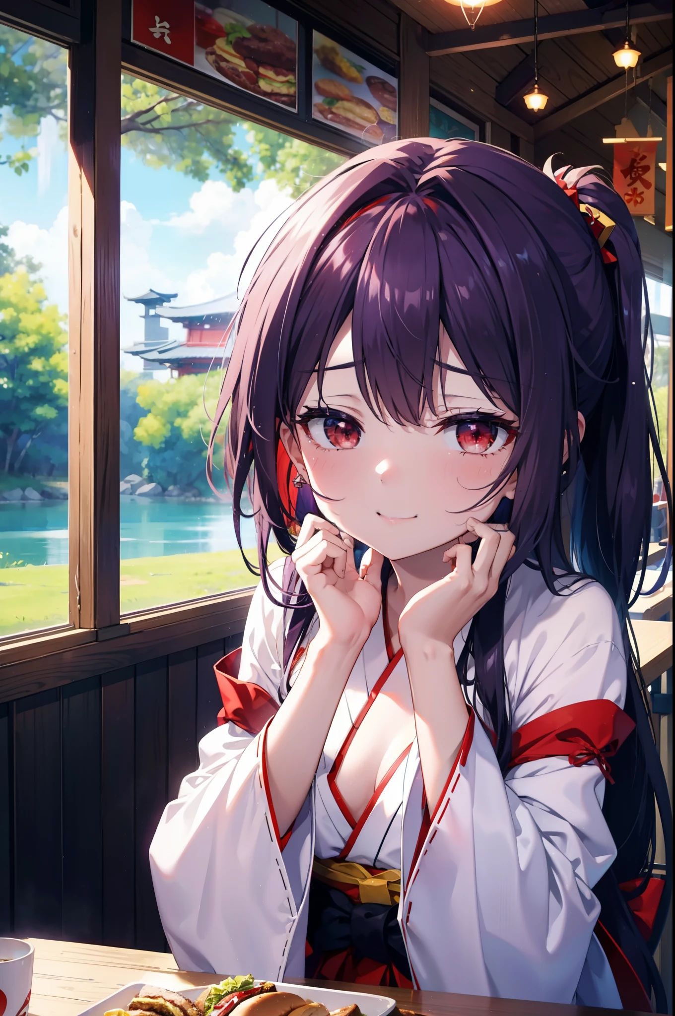 yuukikonno, Konno Yuuki, hair band, Long Hair, Pointed Ears, Purple Hair, (Red eyes:1.5), (Small breasts:1.2), Open your mouth,appy smile, smile, Shut your mouth.,
Bellflower,Shrine maiden,white kimono, Red too,kimono, Same as skirt, Wide sleeves, Long sleeve, Thick sleeves,Red too,White tabi,Sandals,Ribbon Trim Sleeve, Low Ponytail, noon,sunny,background,blue sky,The viewer is 星ing at a pile of burgers on a table., Are standing, 
break looking at viewer, Upper Body, whole body,
break indoors, Burger Shop,
break (masterpiece:1.2), highest quality, High resolution, unity 8k wallpaper, (shape:0.8), (Beautiful and beautiful eyes:1.6), Highly detailed face, Perfect lighting, Extremely detailed CG, (Perfect hands, Perfect Anatomy),